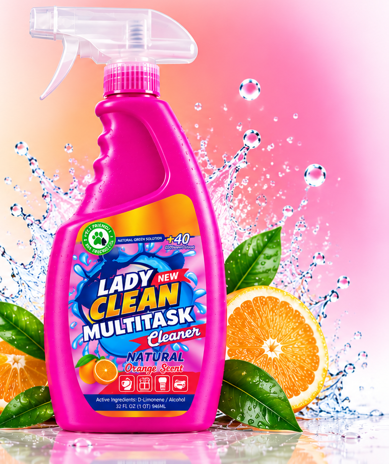 Lady Clean Multitask Cleaner with oranges, leaves and water splash